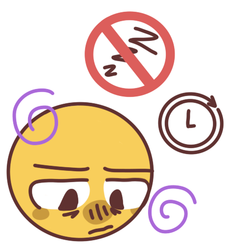 A tired looking emoji-yellow person with purple spirals around them. Next to them is a clock with an arrow going the entire way around it and a ‘no’ symbol with 3 Zs inside it. 